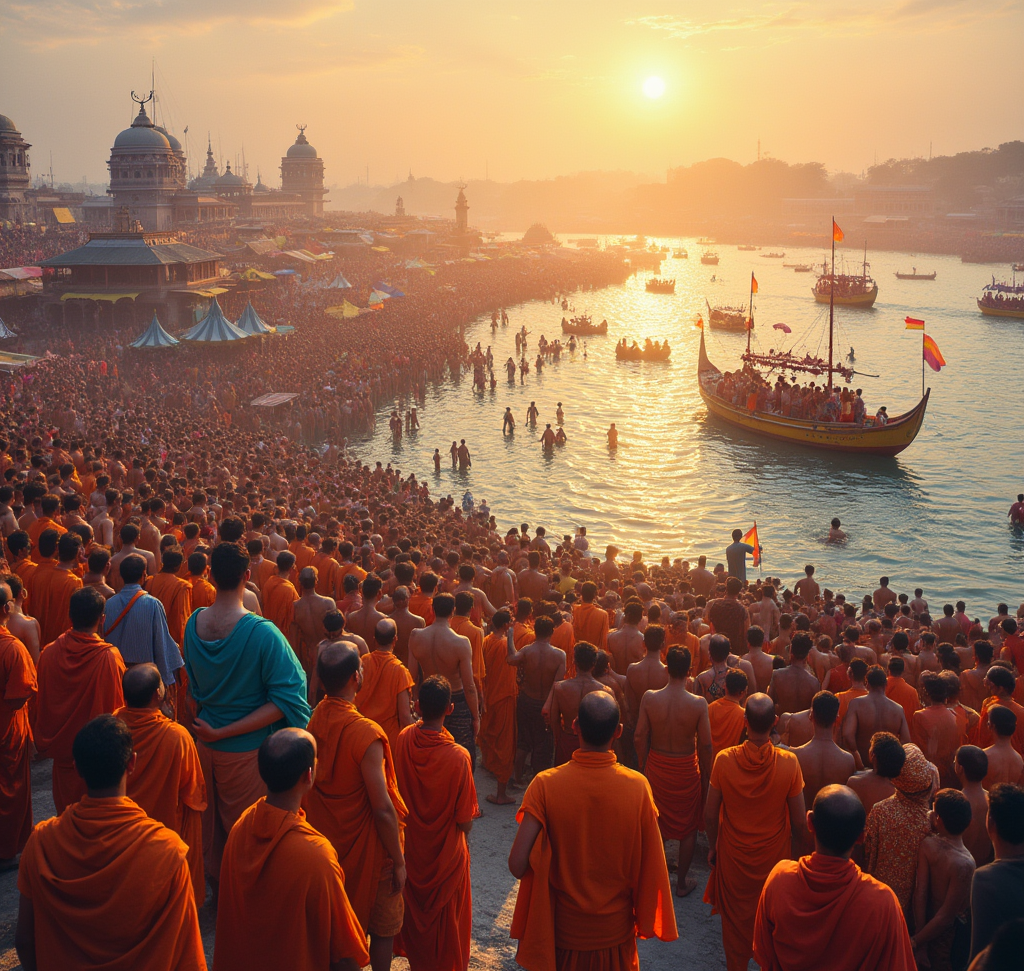 Mahakumbh Mela 2025 : A vibrant depiction of the Mahakumbh Mela at the Triveni Sangam in Prayagraj, India, showcasing a massive gathering of devotees during the early morning hours. The scene includes colorful tents, ascetics in traditi