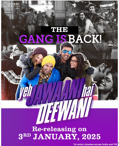 **'Yeh Jawaani Hai Deewani'** is all set to return to theaters. The film will be re-released on January 3, 2025, in select **PVR INOX** cinemas across India and the United Kingdom.